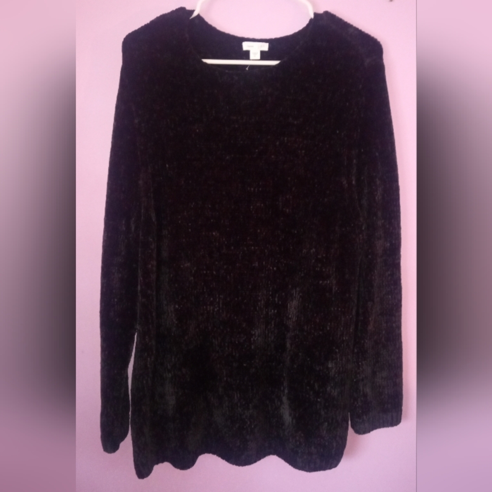 J. Jill Chenille Pullover Sweater XL Black Cable Knit Soft Cozy